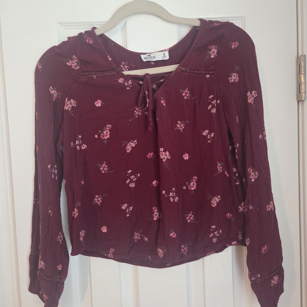 Hollister Womens S Maroon Burgundy Floral Lace Boho Peasant Blouse Long Sleeve